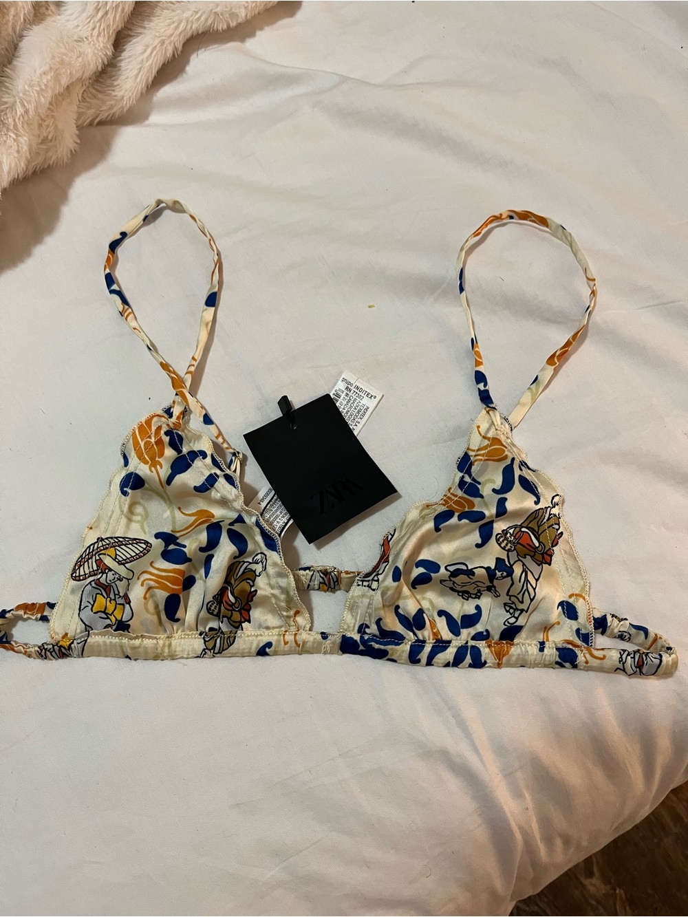 Zara Cream Triangle Bralette with Blue & Orange Print
